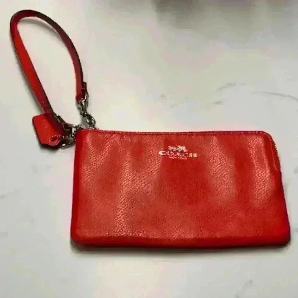 Coach Small Leather Wristlet Bag Corner Zip Purse Red Silver Logo